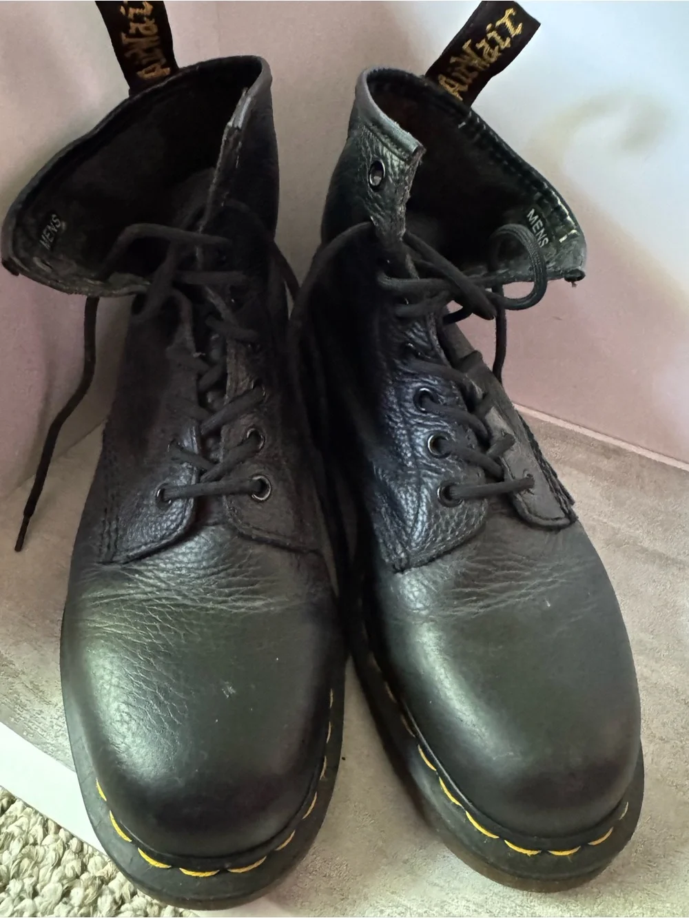 Dr. Martens Black Leather Lace-Up Combat Boots with Yellow Stitching